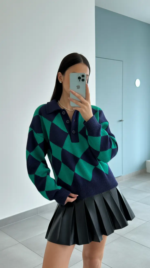 Argyle Polo Knit With a Pleated Leather Skirt