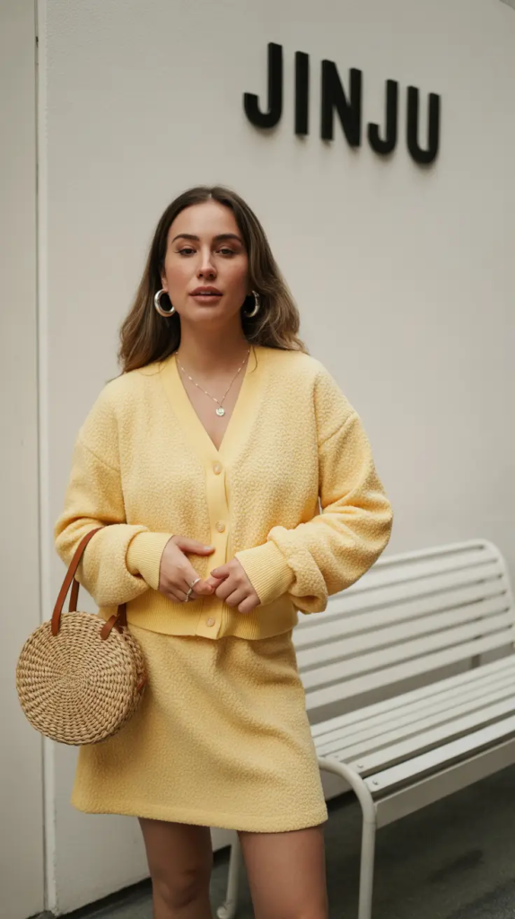 Butter Yellow Knit Set With a Straw Bag