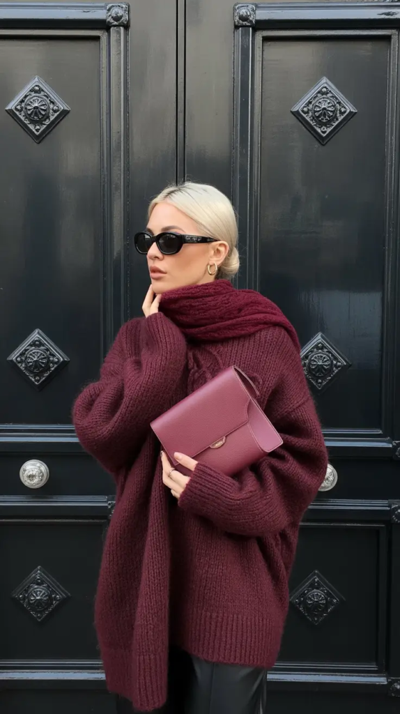 Monochrome Burgundy Knit With a Statement Clutch