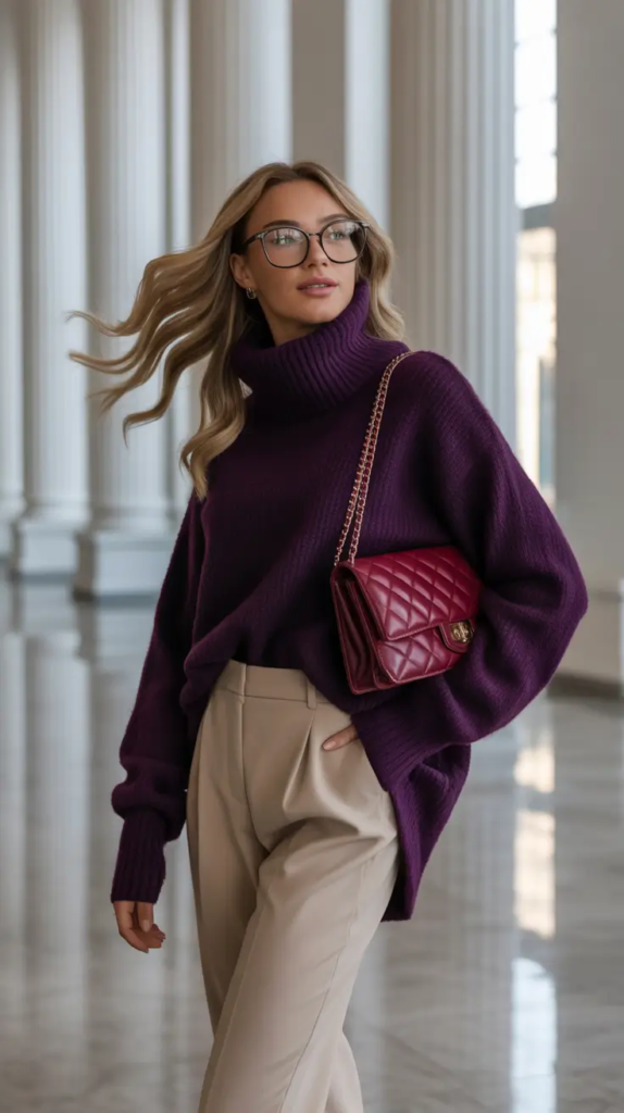 Purple Sweater and Beige Trousers With a Quilted Bag