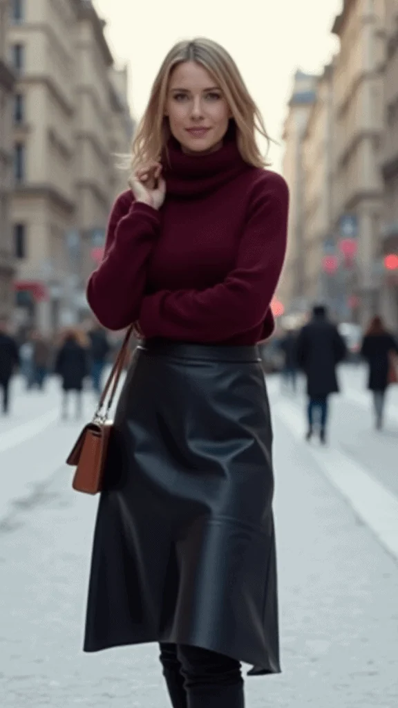 Leather Skirt with Turtleneck