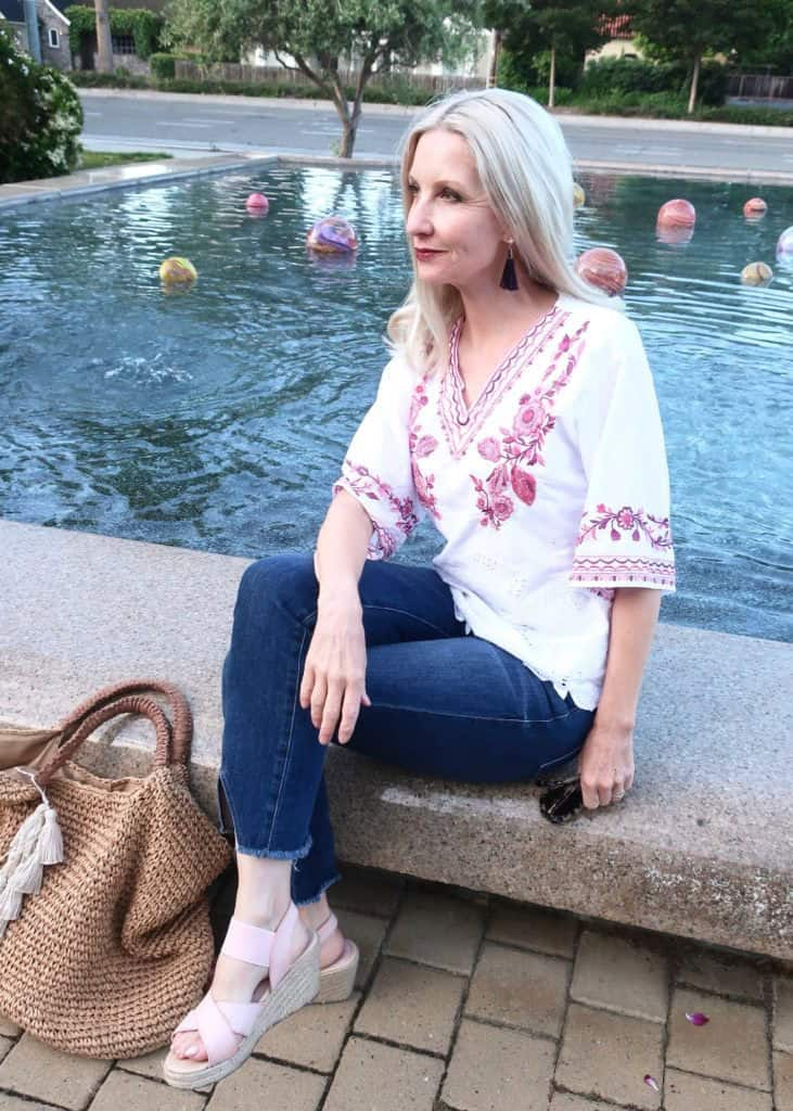 Embroidered Blouse and Wedge Sandals