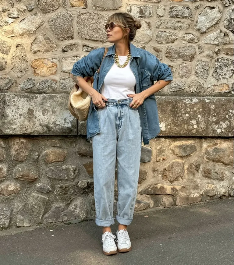 Denim on Denim With a Bold Accessory Twist