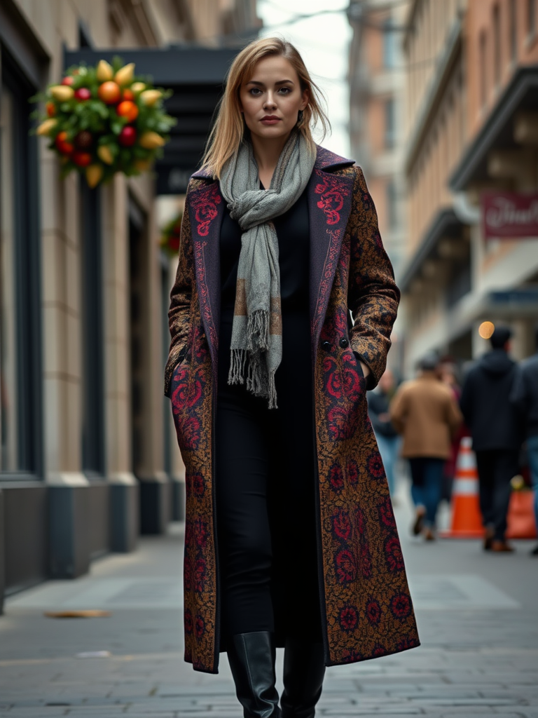 19. Tapestry Coat And Skinny Scarf