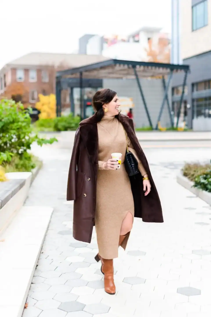 16. Camel Knit Dress With Brown Coat