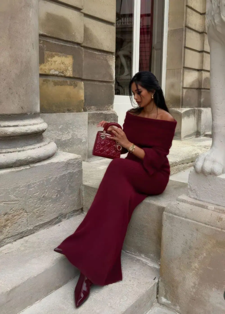 3. Burgundy Off-Shoulder Maxi Dress