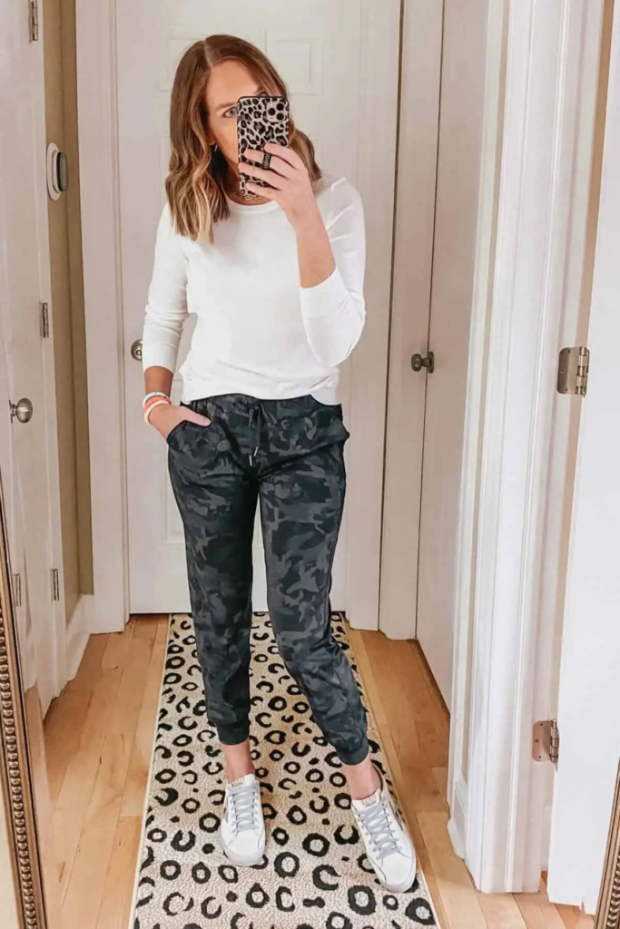 15. Cozy Camo Joggers And White Sweater