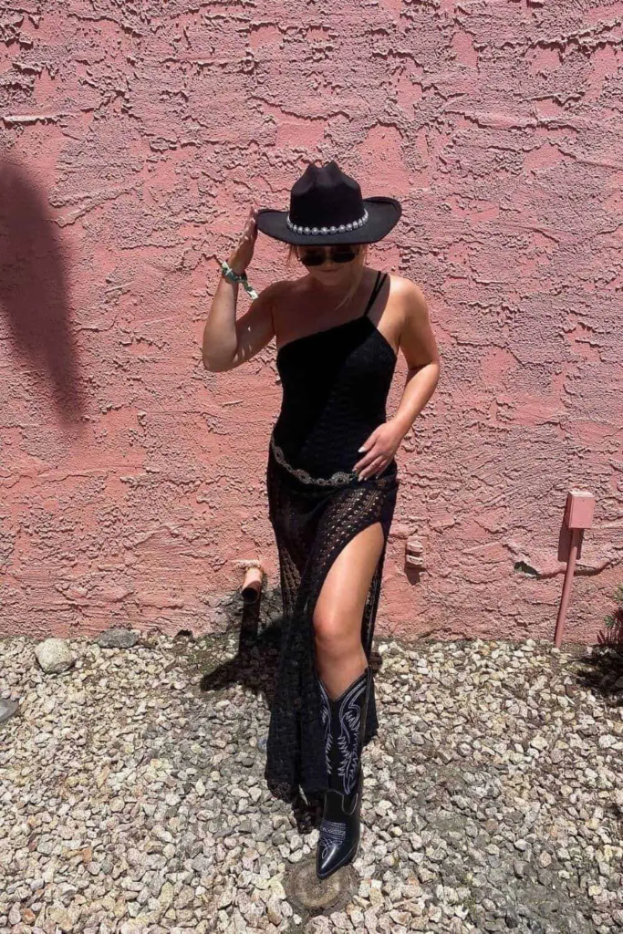 5. Sultry Black Maxi With Cowboy Hat
