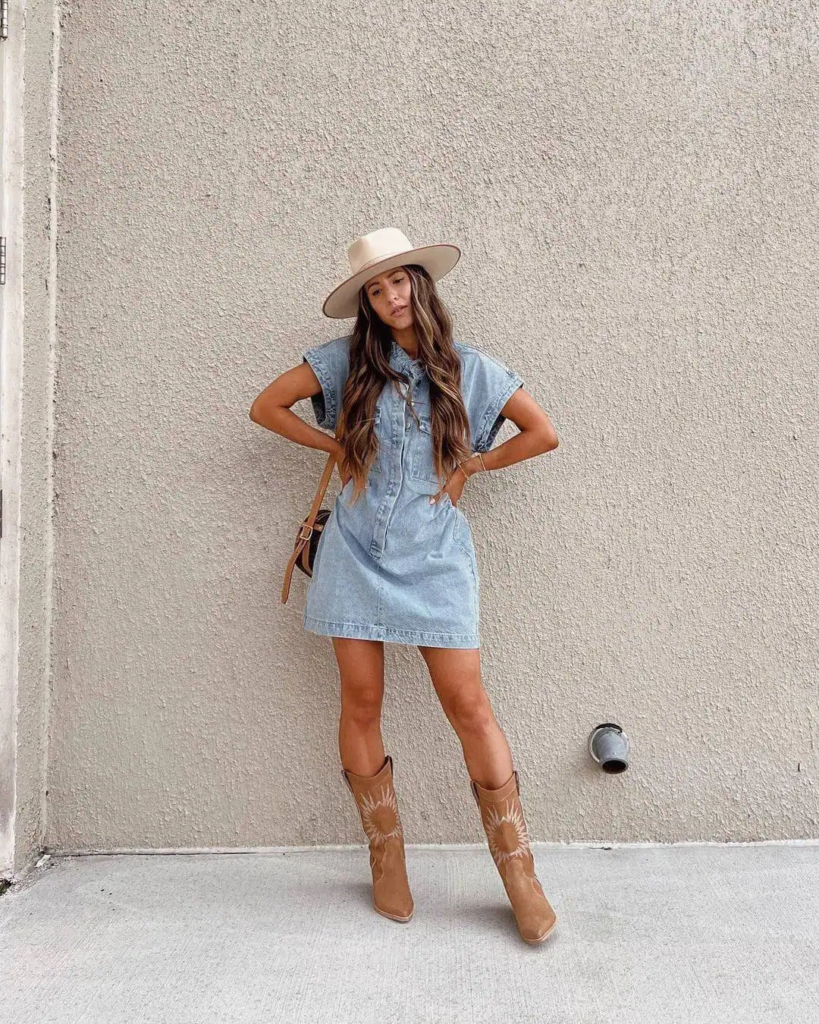 9. Denim Dress With Embroidered Boots