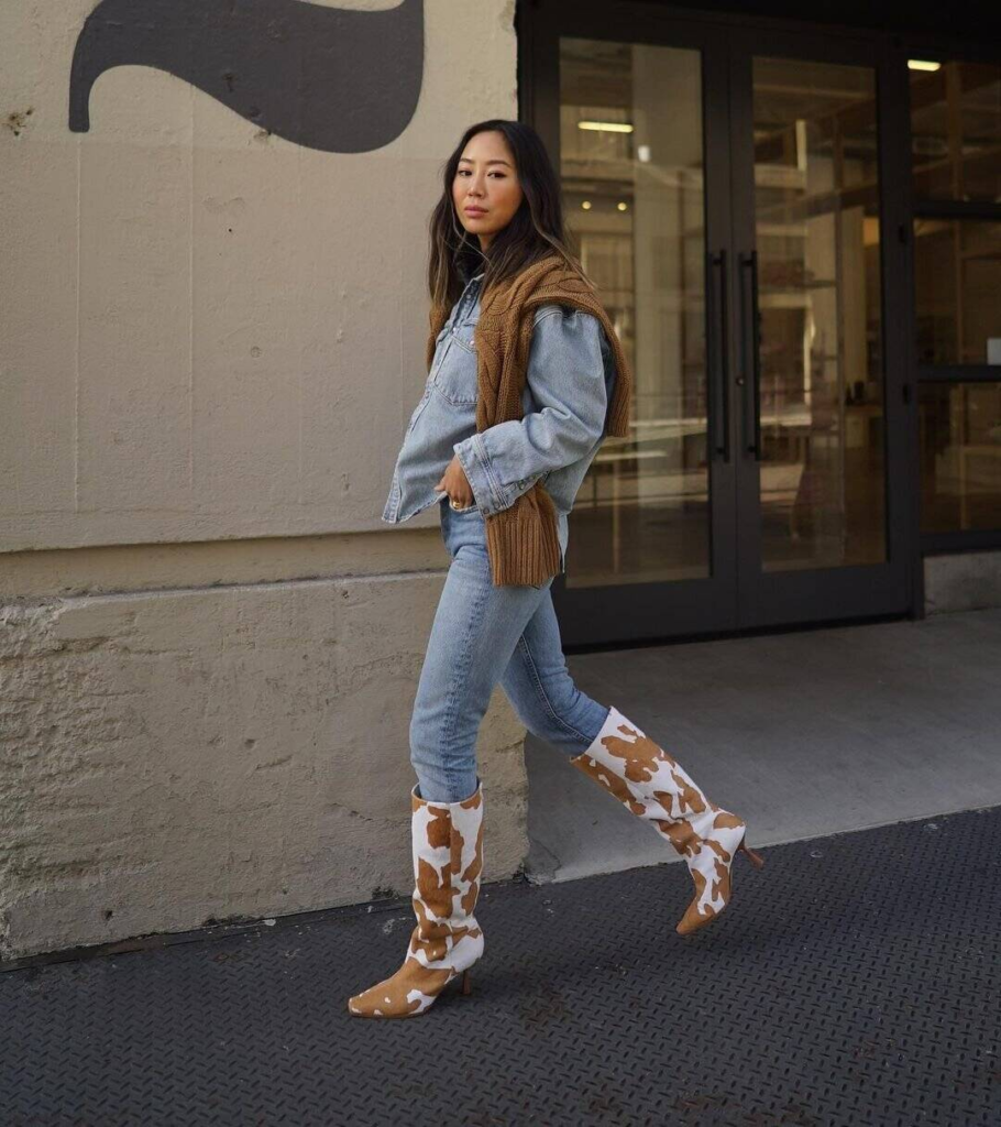 10. Denim-On-Denim With Cow Print Boots
