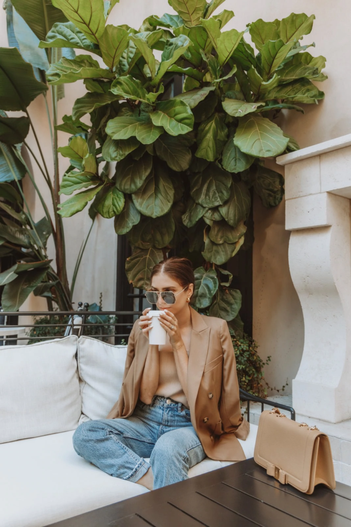 11. Camel Blazer And Denim Casual Chic