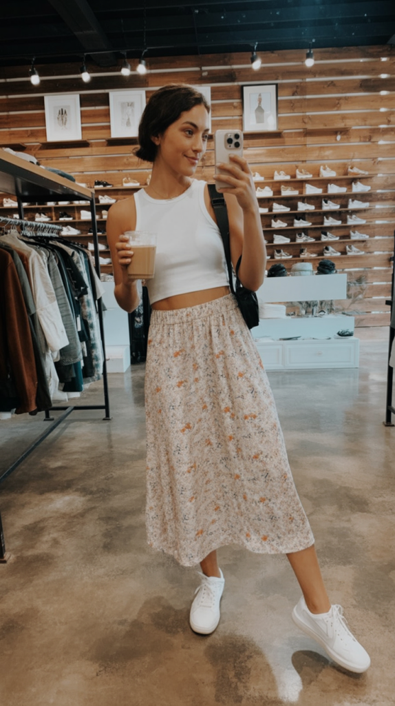1. White Tank + Soft Floral Midi Skirt + Crisp Sneakers