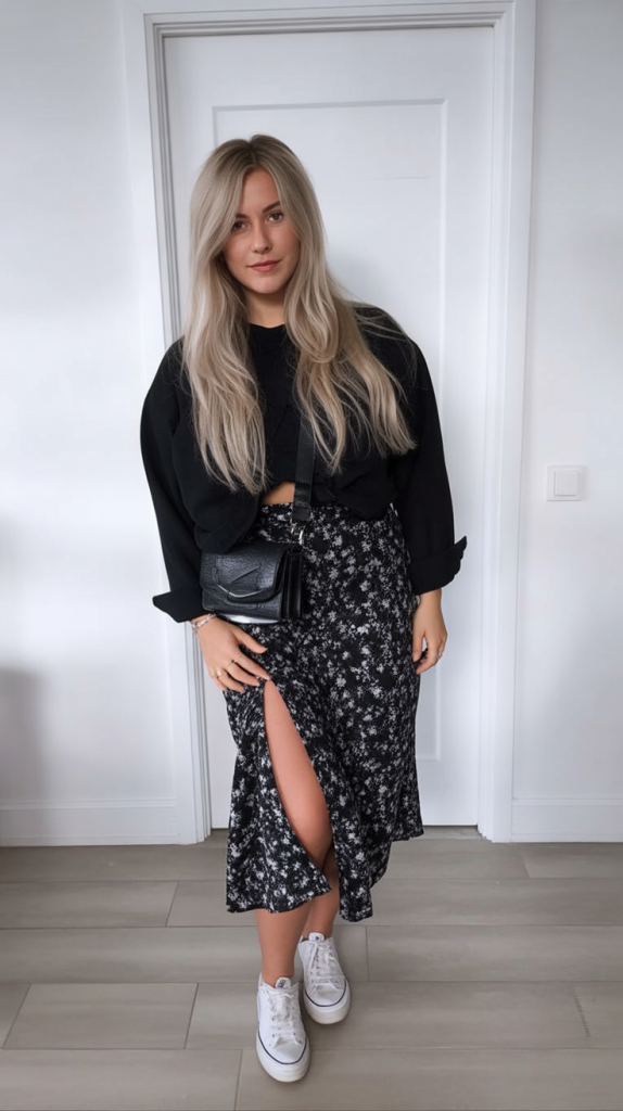 3. Black Top + Dark Floral Midi Skirt For Effortless Chic