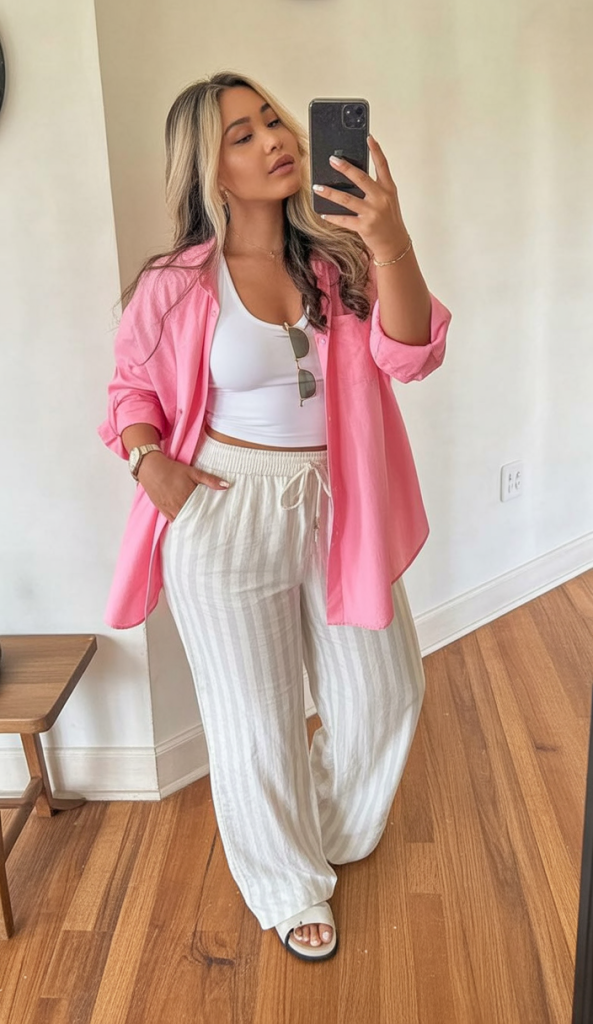 4. Pink Button-Down + Linen Stripe Pants For Soft Spring Energy