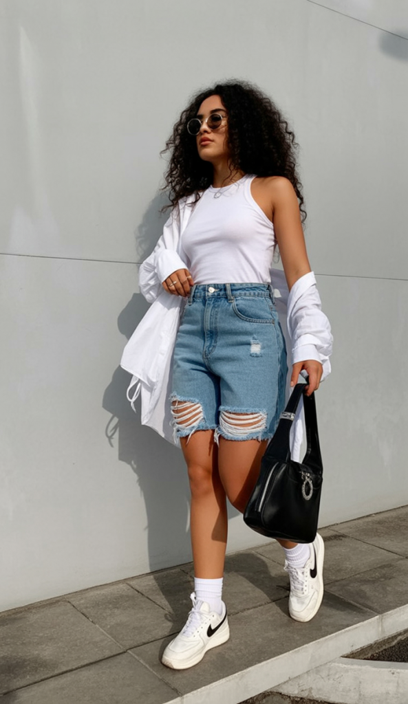 5. White Tank + Denim Bermuda Shorts For A Modern Baddie Moment