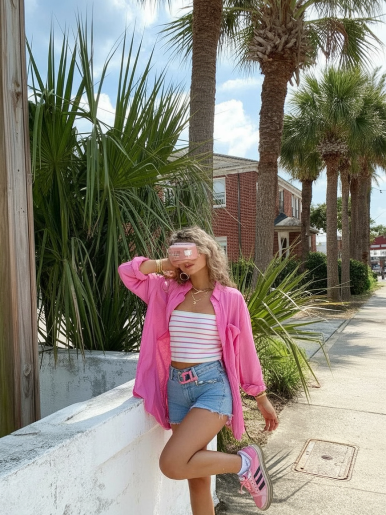 6. Hot Pink Overshirt + Denim Shorts For Weekend Pop