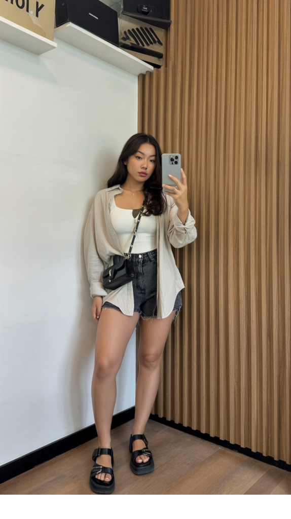 11. Neutral Button-Down + Black Denim Shorts For Easy City Cute