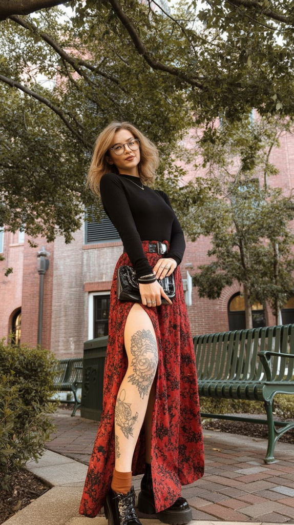 12. Black Top + Red Floral Maxi Skirt For A Romantic Baddie Twist