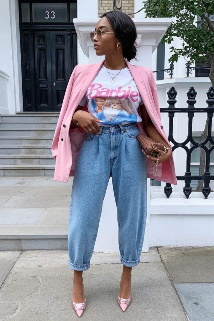 15. Pink Blazer + Statement Tee + Baggy Jeans For Confident Spring Glam