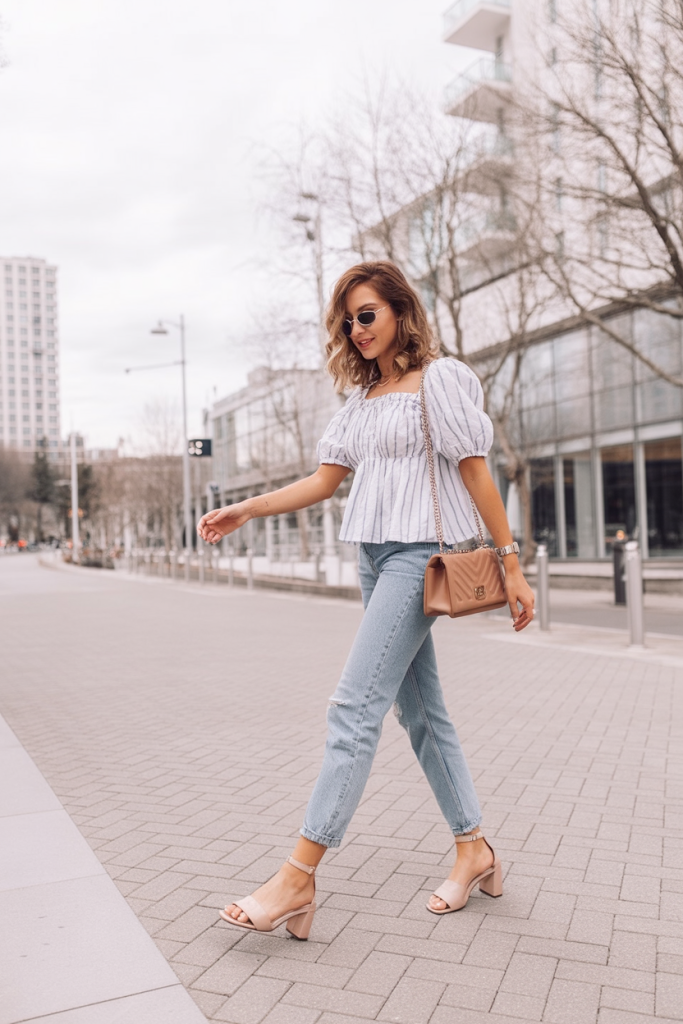 18. Puff-Sleeve Top + Light Jeans For A Polished Casual Date Look