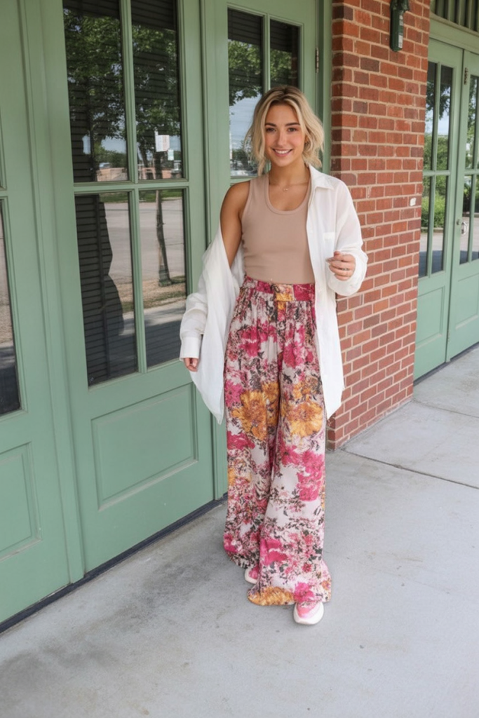 17. Floral Wide-Leg Pants + Neutral Tank For An Easy Spring Statement
