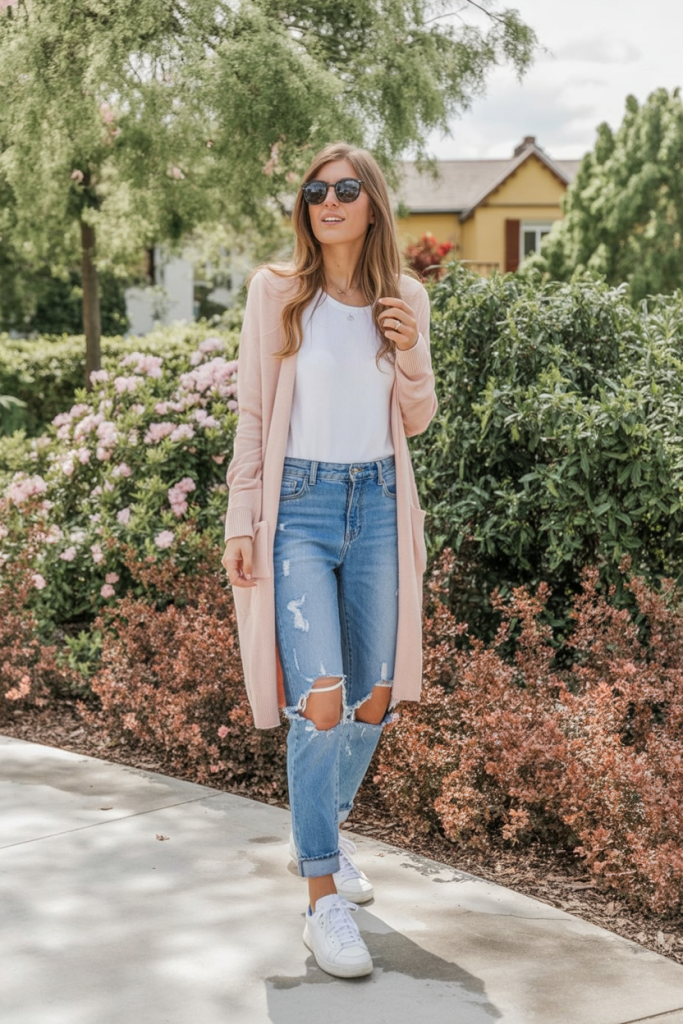 16. Soft Pink Cardigan + Ripped Jeans For Pretty, Everyday Casual