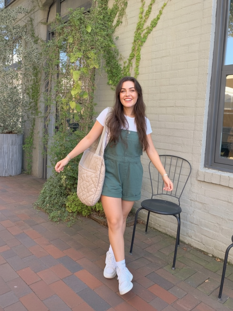 13. Green Romper Over White Tee For A Fresh, Comfy Spring Day
