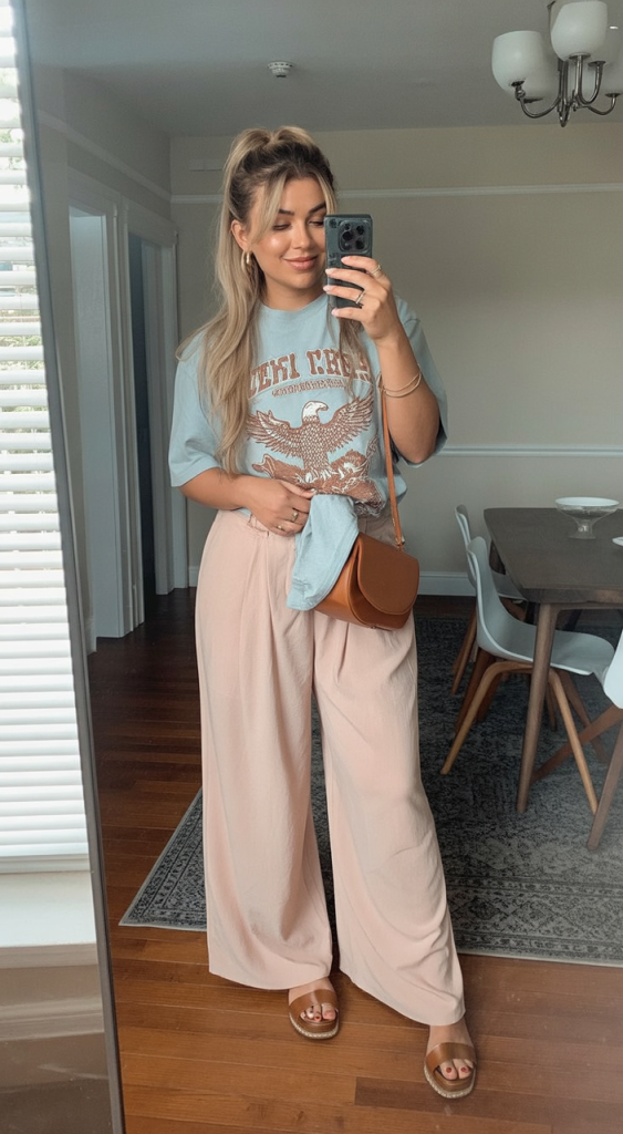 14. Graphic Tee + Blush Wide-Leg Pants For Soft-Girl Street Style