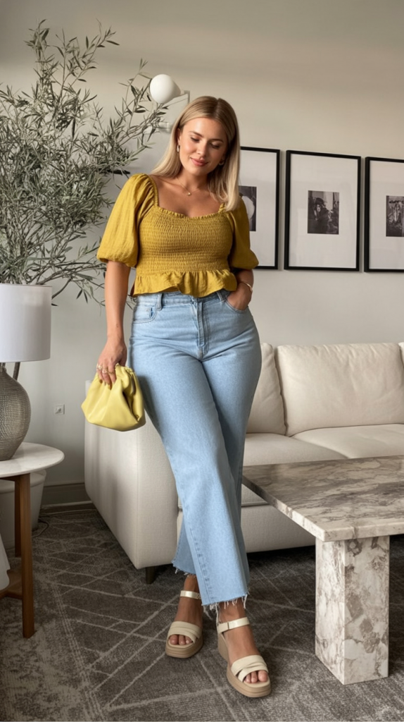 21. Mustard Puff-Sleeve Peplum Top + Light-Wash Jeans