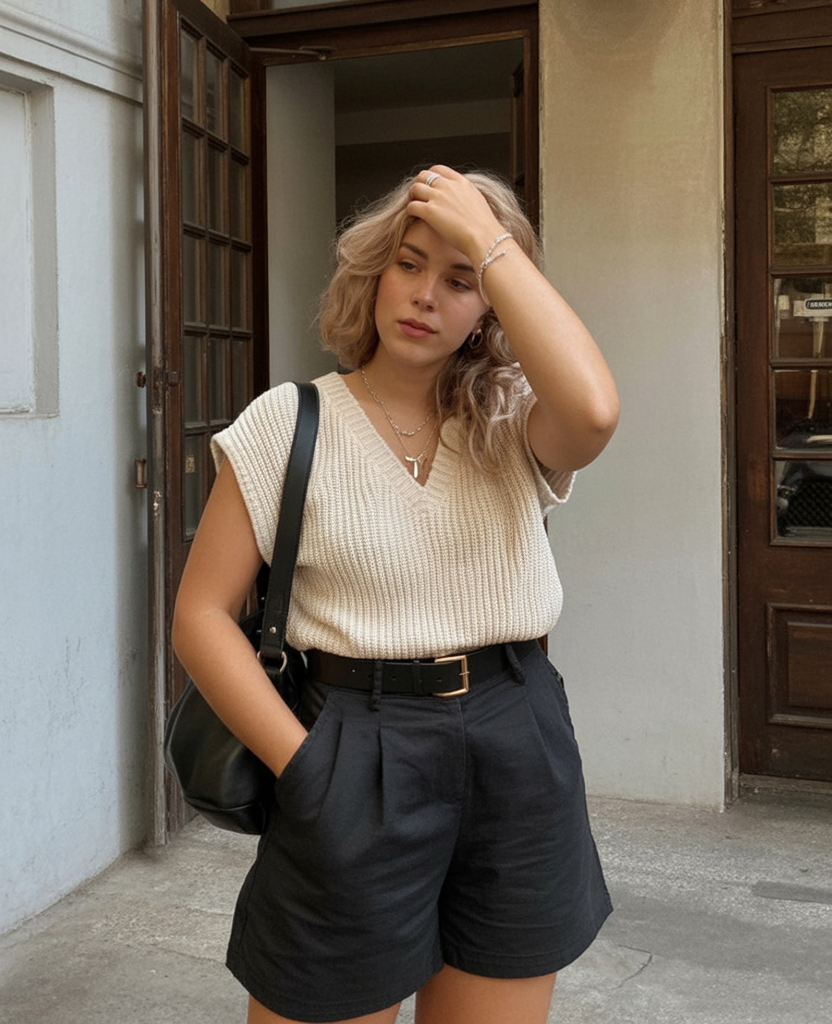 22. Cream Sweater Vest + Tailored Black Shorts