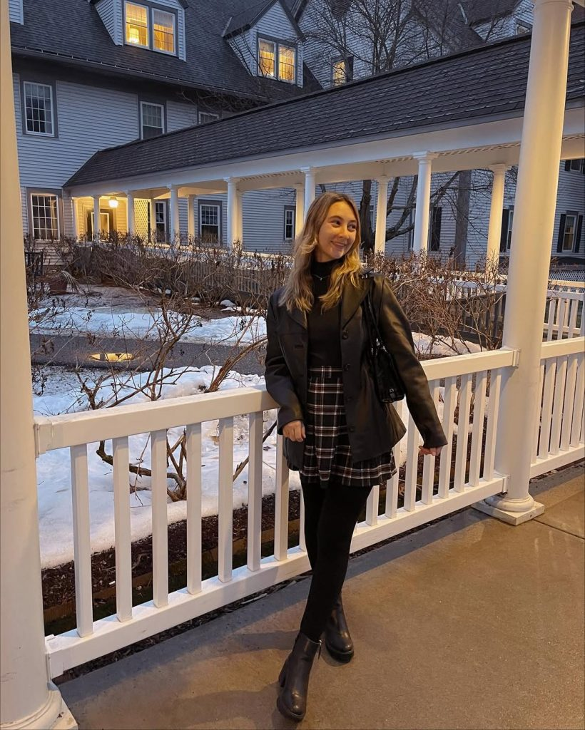 Plaid Skirt with Leather Jacket