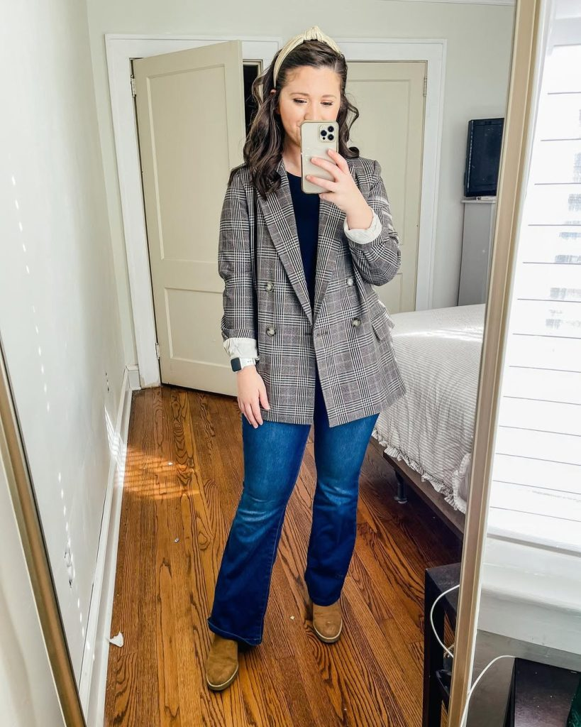 Plaid Blazer with Flared Jeans