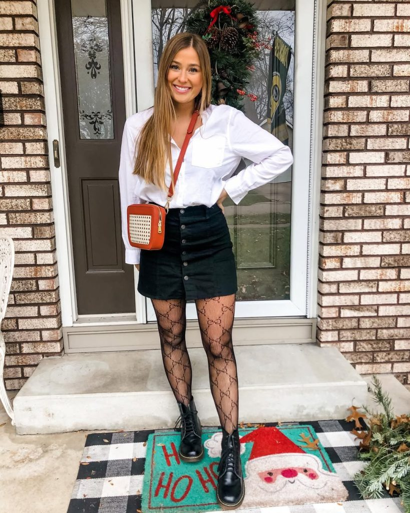 White Shirt with Mini Skirt and Patterned Tights