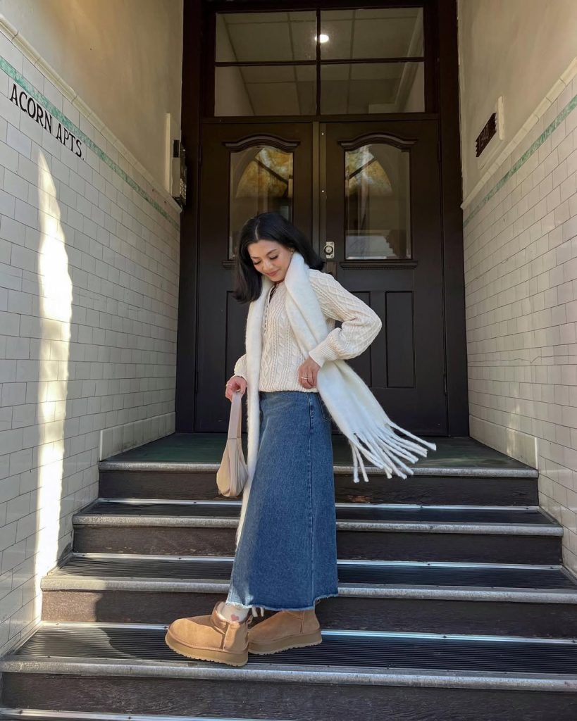 Denim Skirt with Chunky Knit and Scarf