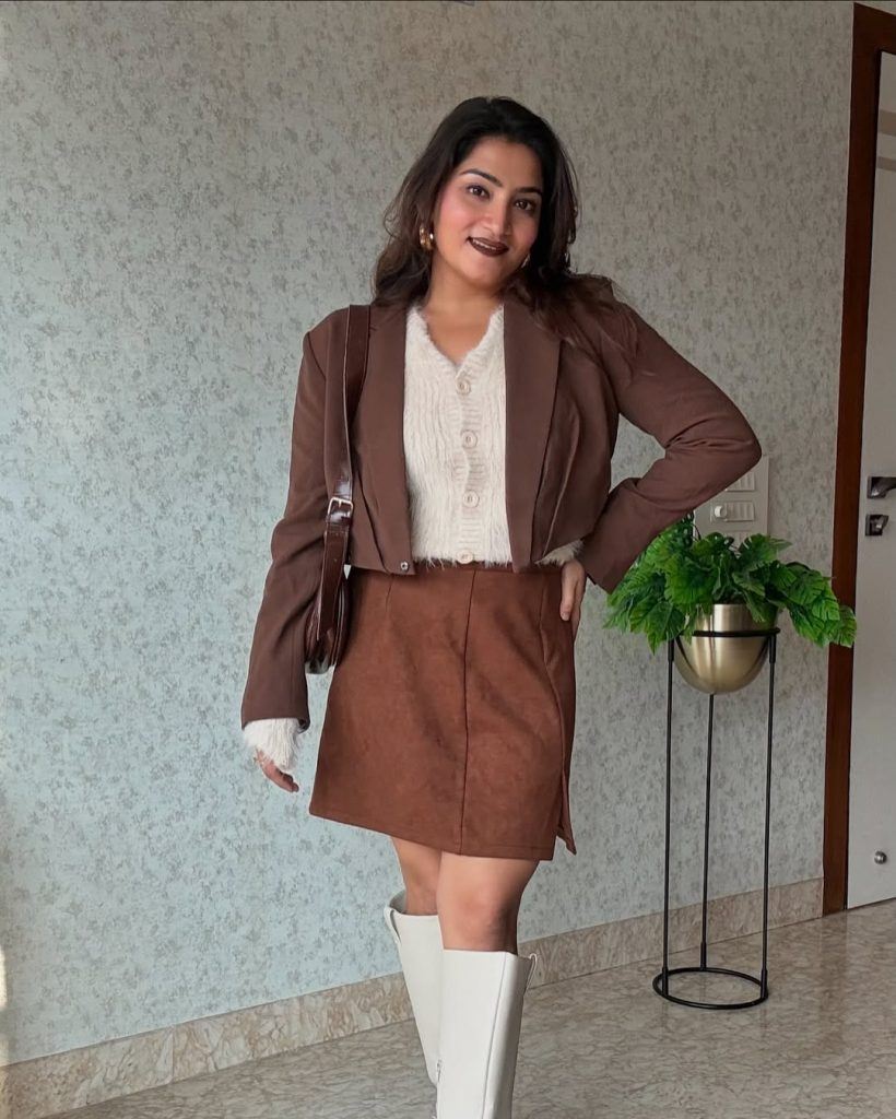 Brown Blazer and Skirt with White Boots