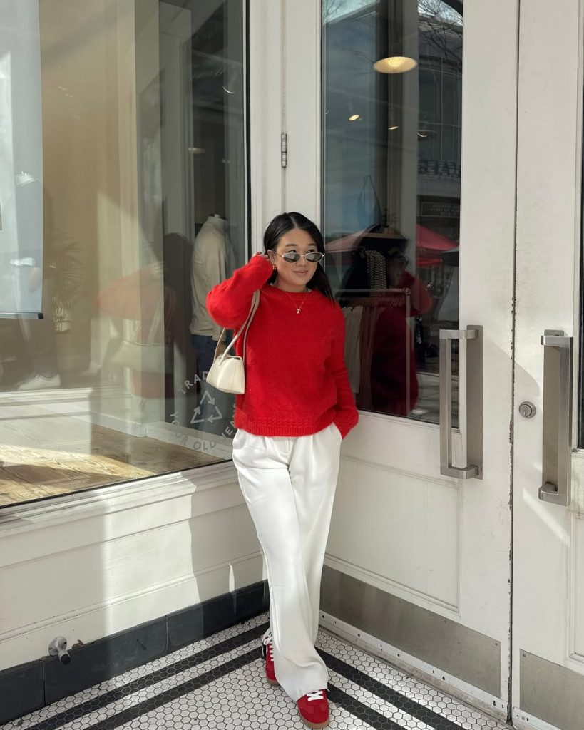 Red Sweater with White Trousers