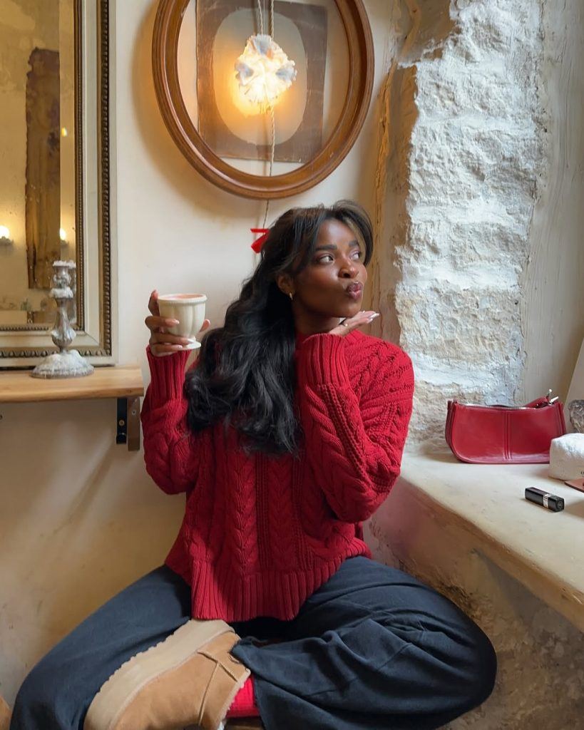 Red Cable Knit with Wide-Leg Pants