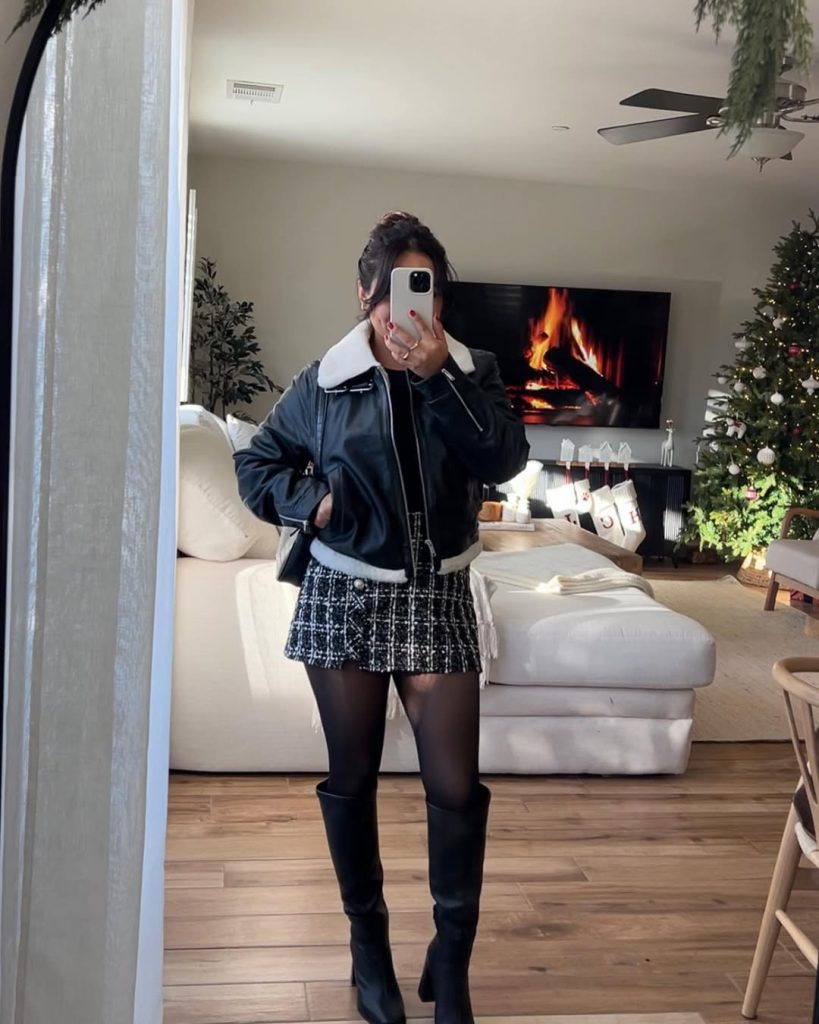 Tweed Mini Skirt with Shearling Jacket