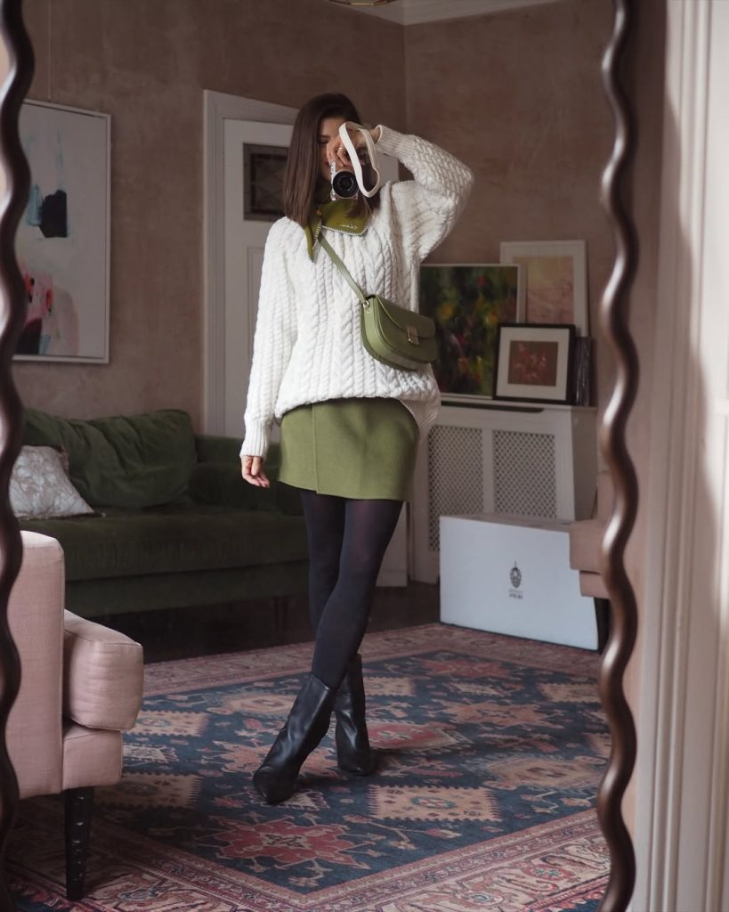 Gray Knit with Red Plaid Skirt