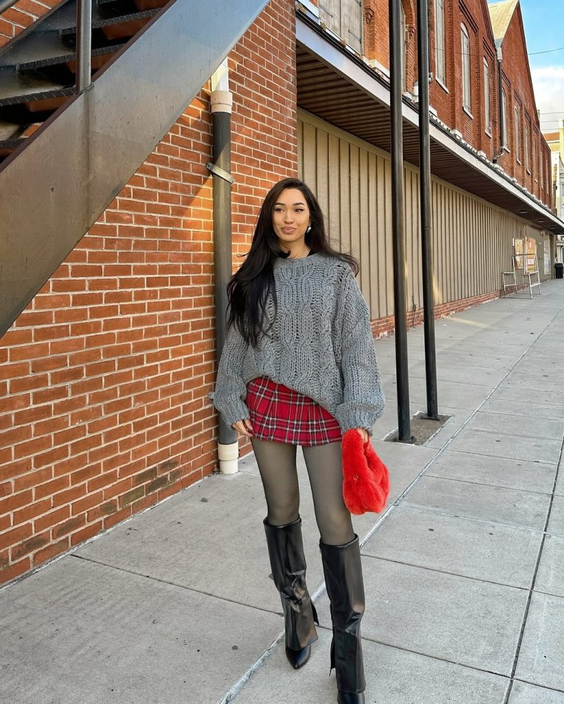 Gray Knit with Red Plaid Skirt