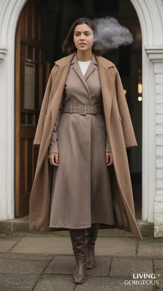 Wool Midi Dress + Belted Coat + Knee Boots