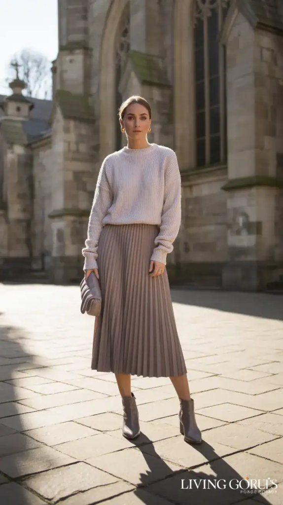 Sweater + Pleated Midi Skirt + Heeled Ankle Boots