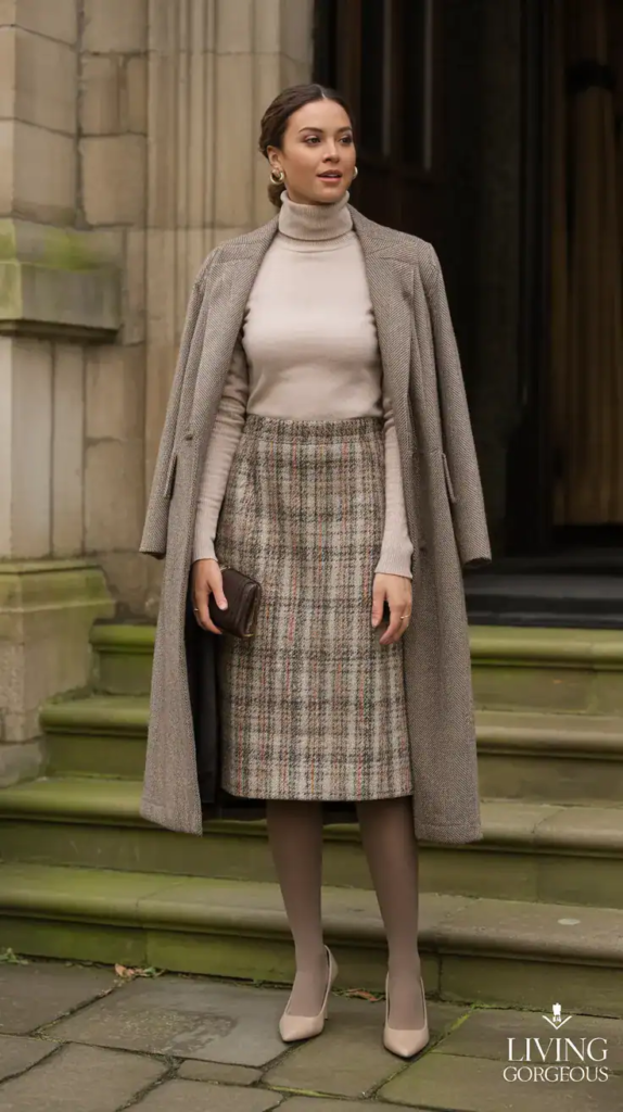 Turtleneck + Tweed Skirt + Long Wool Coat
