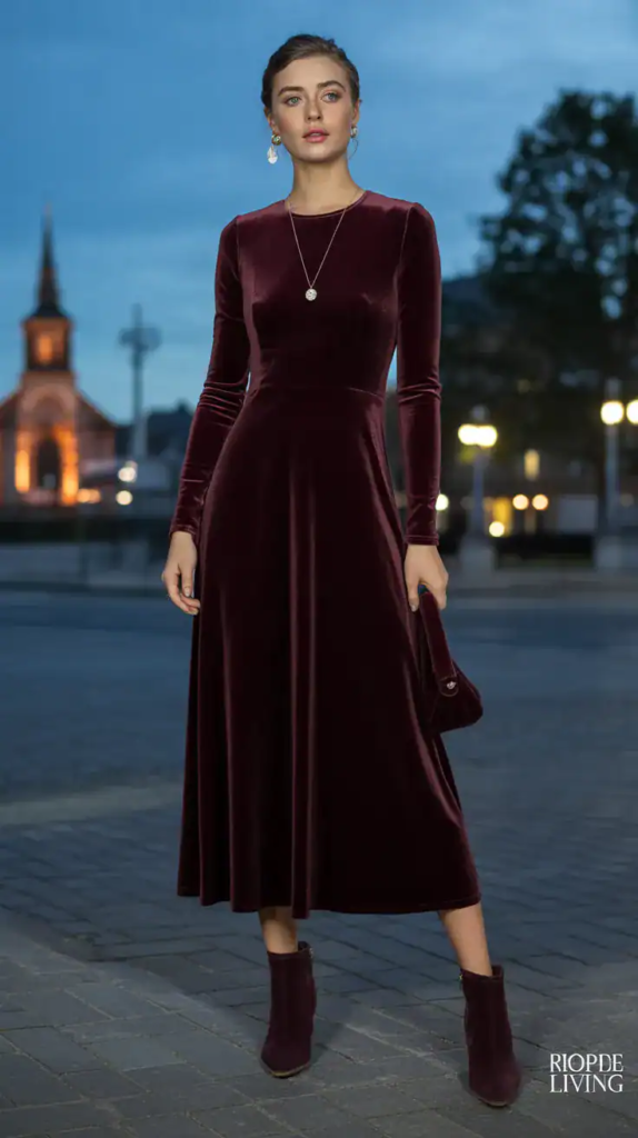 Velvet Midi Dress + Simple Jewelry + Heeled Boots