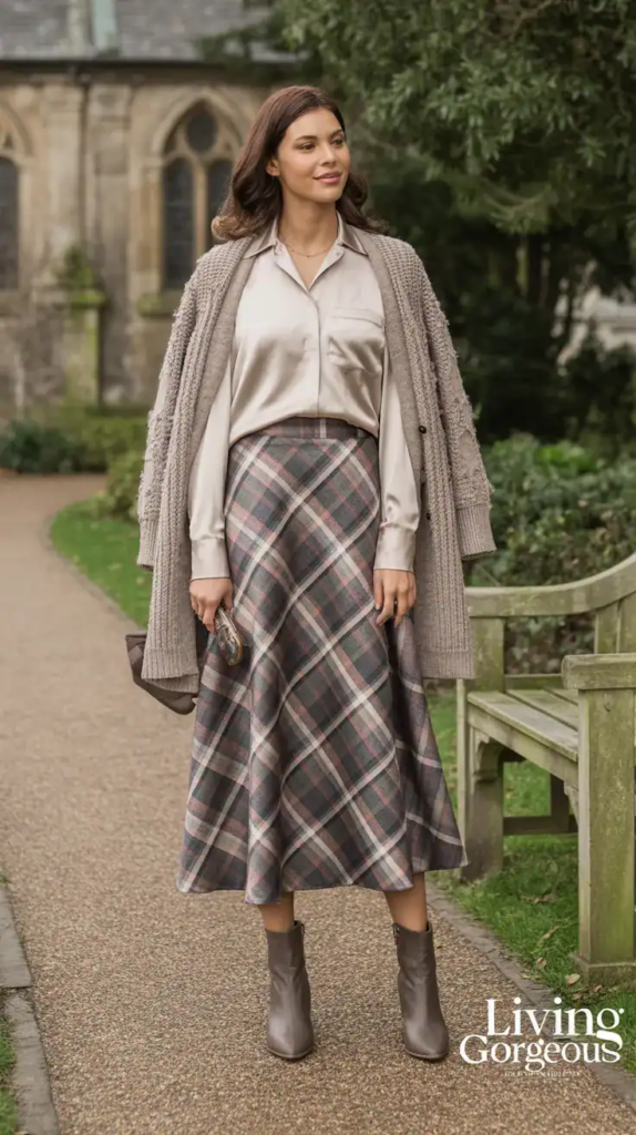 Blouse + Plaid Skirt + Cozy Cardigan