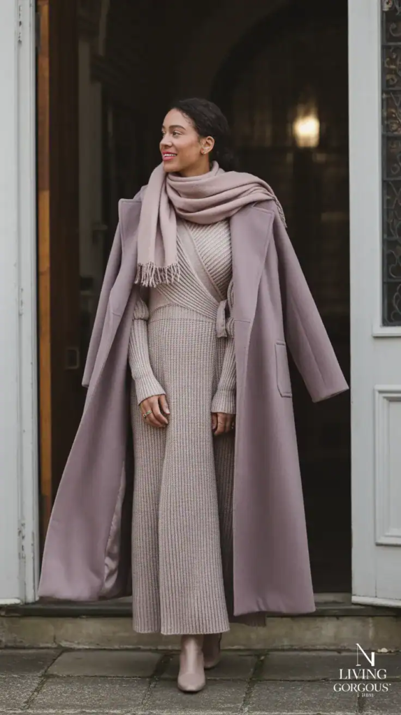 Wrap Dress + Long Coat + Soft Scarf