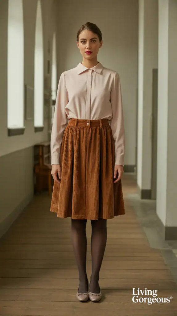 Corduroy Skirt + Blouse + Tights + Flats