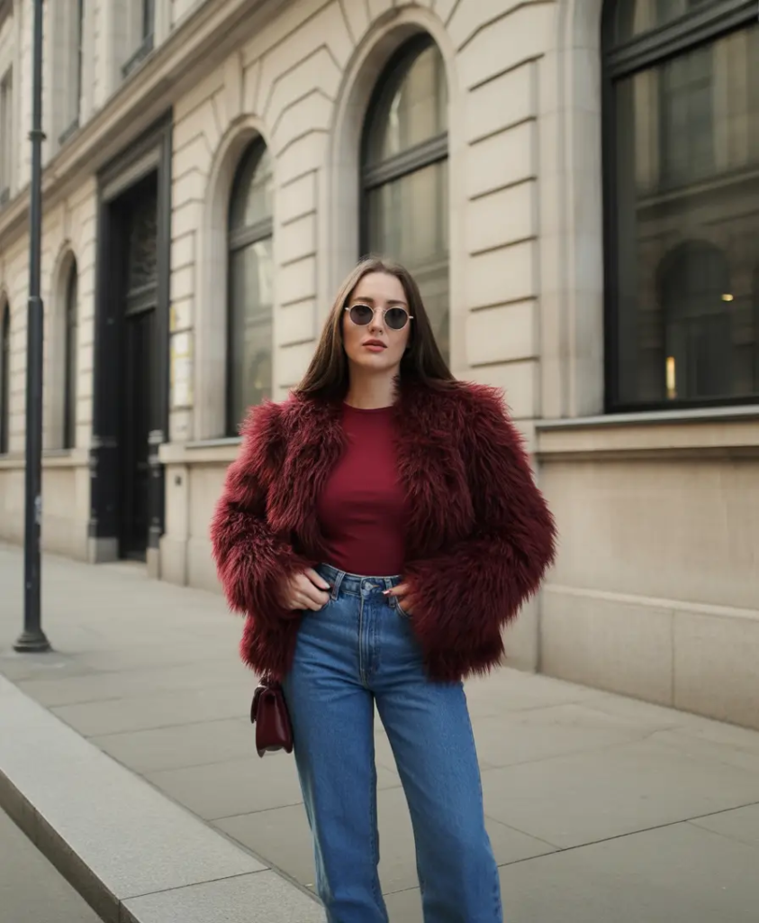 Burgundy Fur and Denim Ease