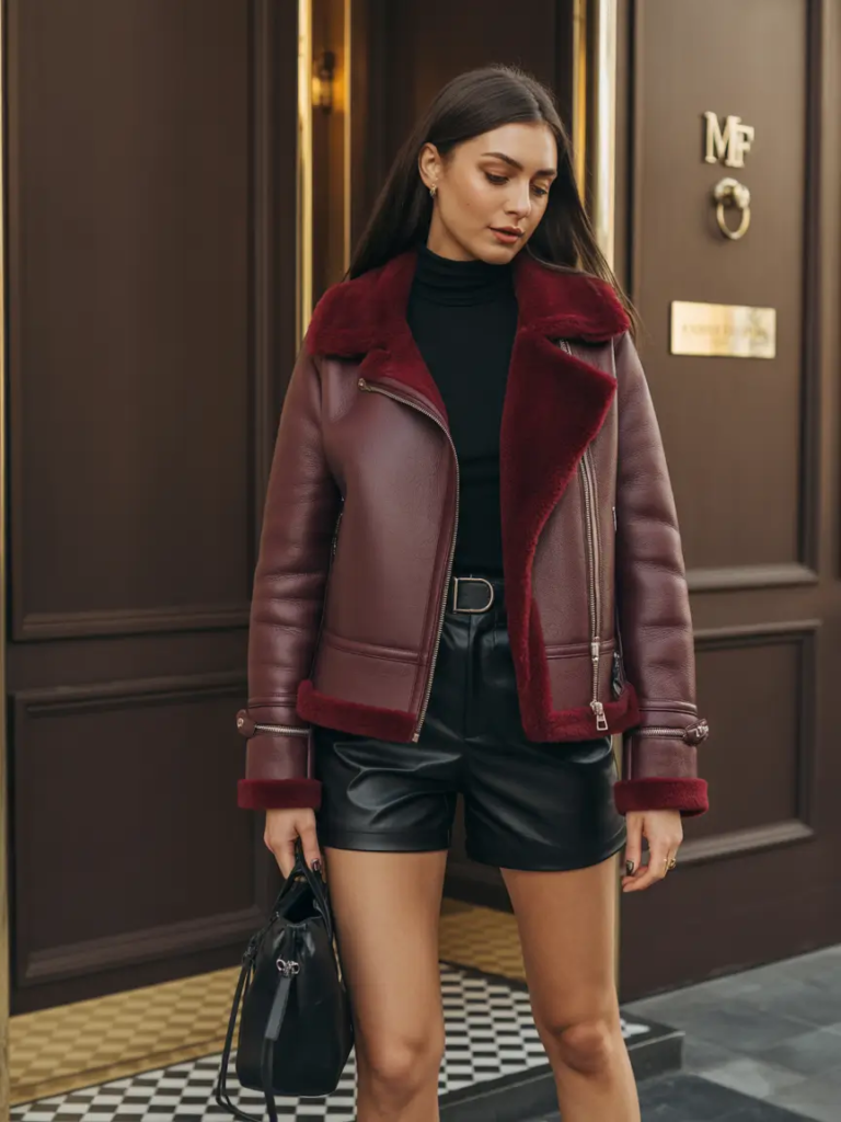 Burgundy Shearling Biker Jacket