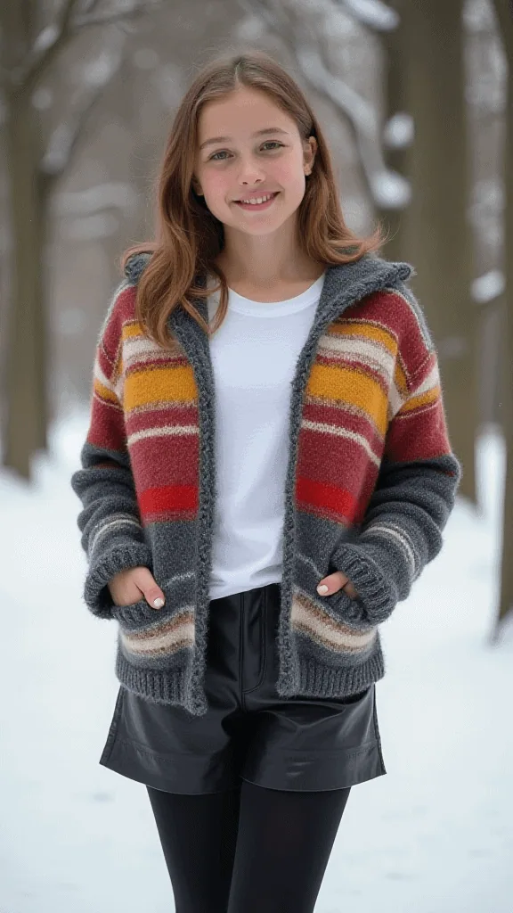 Patterned Cardigan and Leather Shorts